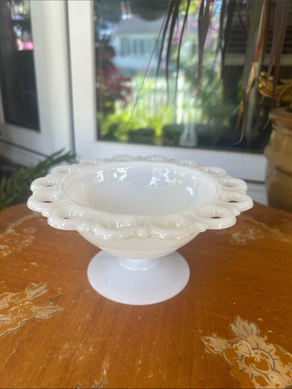 Vintage White MilkGlass Pedestal Bowl with Scalloped Loop Edge